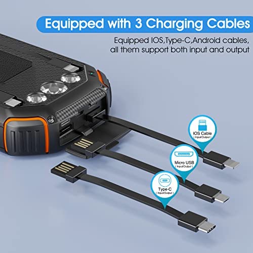 Solar Power Bank 36000mAh,Solar Charger Qi Wireless Built in 3 Cables IPX5 Waterproof Portable Solar External Battery Pack with 3 Input 4 Output 15W USB C Port Camping Flashlight iPhone Samsung Tablet - Image 4