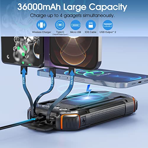 Solar Power Bank 36000mAh,Solar Charger Qi Wireless Built in 3 Cables IPX5 Waterproof Portable Solar External Battery Pack with 3 Input 4 Output 15W USB C Port Camping Flashlight iPhone Samsung Tablet - Image 2