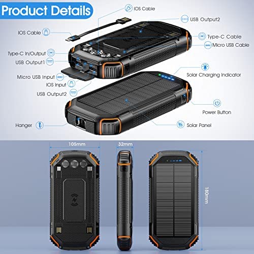 Solar Power Bank 36000mAh,Solar Charger Qi Wireless Built in 3 Cables IPX5 Waterproof Portable Solar External Battery Pack with 3 Input 4 Output 15W USB C Port Camping Flashlight iPhone Samsung Tablet - Image 8