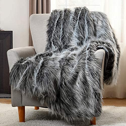 Luxury Faux Fur Throw Blanket, Grey and Black High Pile Mixed Throw Blanket, Super Warm, Fuzzy, Elegant, Fluffy Decoration Blanket Scarf for Sofa, Couch and Bed, 125 x 150cm - Image 2