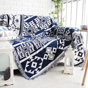 Dulcii Multi-function Decorative Throw Blanket Sofa Towel Cotton Warm Slipcover 130 x 180cm (Dark Blue and Beige Pattern)