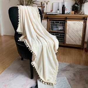LOMAO Pom Pom Throw Blanket, Soft Fleece Pompom Fringe Blanket for Couch Bed Sofa | Decorative Cozy Plush Warm Flannel Velvet Tassel Flannel Blanket (Creamy, 150 * 200)