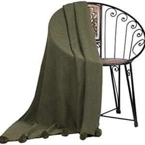 Penguin Home Knitted Throw Blanket with Pom Poms 100% Cotton - Olive Colour - with Extra Soft Hand Feel for Sofa Couch and Bed - Warm and Cosy Blanket - 130x150 cm (50"x60")