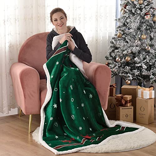 SOCHOW Christmas Holiday Sherpa Fleece Throw Blanket, Fuzzy Warm Super Soft Reversible Plush Blanket for Bed, Sofa and Couch, 127cm × 150cm, Green