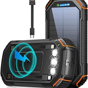 Solar Power Bank 36000mAh,Solar Charger Qi Wireless Built in 3 Cables IPX5 Waterproof Portable Solar External Battery Pack with 3 Input 4 Output 15W USB C Port Camping Flashlight iPhone Samsung Tablet
