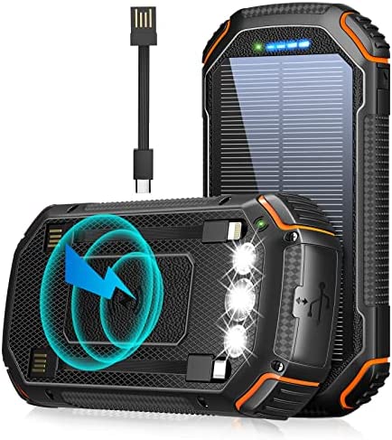 Solar Power Bank 36000mAh,Solar Charger Qi Wireless Built in 3 Cables IPX5 Waterproof Portable Solar External Battery Pack with 3 Input 4 Output 15W USB C Port Camping Flashlight iPhone Samsung Tablet