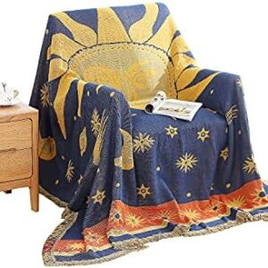 Dulcii Decorative 100% Cotton Woven Throw Blanket Sofa Towel Cotton Warm Slipcover 130 x 180cm (Sun Moon Stars)