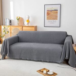 GAOWEI Waffle Sofa Throws Couch Cover Large 3 seater with Decorative Fringe ideal for Sofa Couch Chair and Bed Cotton fit All Season,Grey 180x300cm