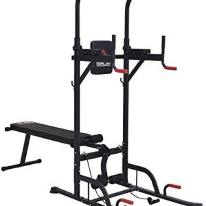 HOMCOM Multifunction Power Tower Home Workout Dip Station w/Sit-up Bench Push-up Bars and Tension Ropes Fitness Equipment Office Gym Training