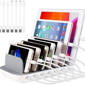 PRITEK Charging Station for Multiple Devices 60W/12A 7 Ports Desktop Charger Station with 6 Ai USB Ports + 1 Type-c Port with 7pcs USB Cables Compatible for most USB Enabled Electronics (White)