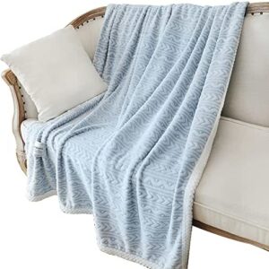 Queenshin Luxury Stripe Plaid Fluffy Fleece Snuggle Blankets Twin Size 150*200 CM, Christmas Large Double Bed Throws For Couch Sofas, Light Blue