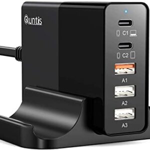 Quntis 5-port 65W USB C Charger With Stand,1 × 65W USB C PD power Supply For Laptops MacBook,1 × 30W Type C For iPad Pro iPhone,1x30W Quick Charge USB Charging Adapter,2x10W USB Plug For AirPods etc