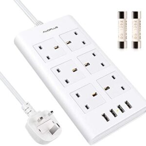 Surge Protected Extension Lead, AUOPLUS 6 Gang Power Strip with 4 USB Port, Multi Plug Charging Station for Phone/Tablet/Laptops, Power Extension for Home & Office - 2 Meter Cord - white