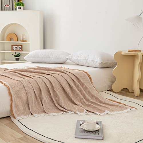 LHGOGO Waffle Sofa Throw Blanket Woven Throws for Sofas Large Throws for Settees with Tassels Reversible Versatile Blanket Throw for Sofa Single Bed and Armchair 130x180cm - Beige - Image 9