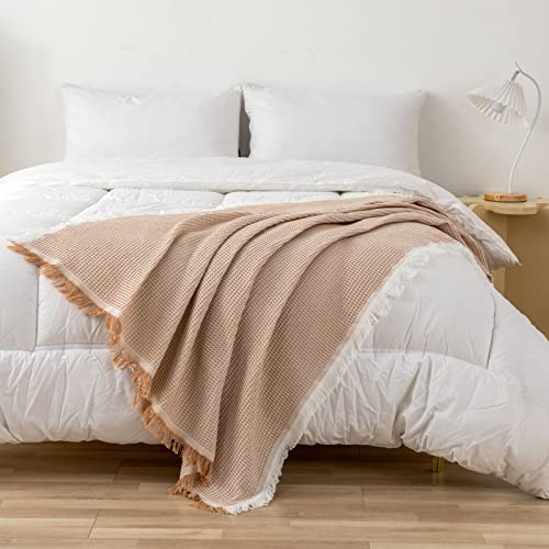 LHGOGO Waffle Sofa Throw Blanket Woven Throws for Sofas Large Throws for Settees with Tassels Reversible Versatile Blanket Throw for Sofa Single Bed and Armchair 130x180cm - Beige - Image 5