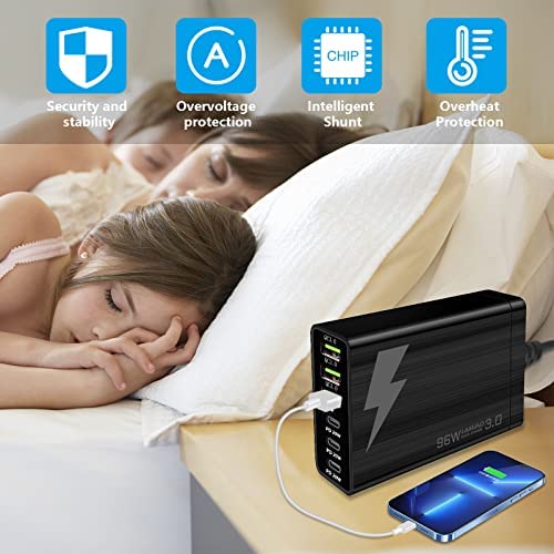LAMJAD USB C Wall Charger Multiports,96W 6 Port USB C Charging Station,Portable Fast USB C Charging Hub PD Adapter 3 USB C and 3 QC USB A for All iPad, iPhone 13 /12/11 Max Mini, Pixel Samsung Galaxy - Image 3
