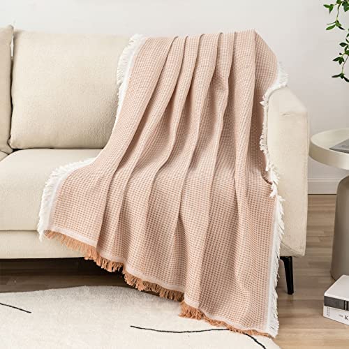 LHGOGO Waffle Sofa Throw Blanket Woven Throws for Sofas Large Throws for Settees with Tassels Reversible Versatile Blanket Throw for Sofa Single Bed and Armchair 130x180cm - Beige - Image 3