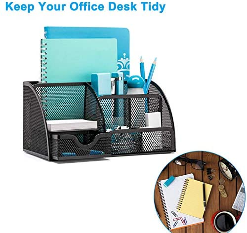 OKPOW Desk Organisers, Office Mesh Desk Tidy Organiser 6 Components Pen Holder with Drawer Multifunctional Stationary Organiser Black - Image 4