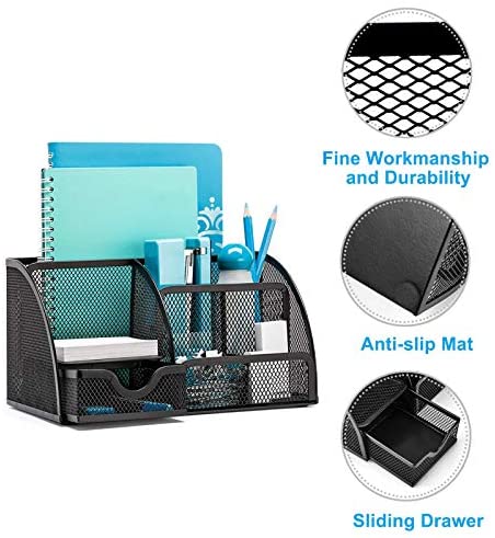 OKPOW Desk Organisers, Office Mesh Desk Tidy Organiser 6 Components Pen Holder with Drawer Multifunctional Stationary Organiser Black - Image 2
