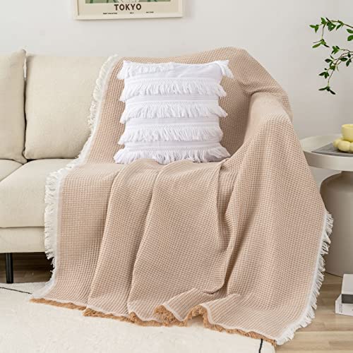 LHGOGO Waffle Sofa Throw Blanket Woven Throws for Sofas Large Throws for Settees with Tassels Reversible Versatile Blanket Throw for Sofa Single Bed and Armchair 130x180cm - Beige - Image 4