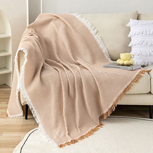 LHGOGO Waffle Sofa Throw Blanket Woven Throws for Sofas Large Throws for Settees with Tassels Reversible Versatile Blanket Throw for Sofa Single Bed and Armchair 130x180cm - Beige - Image 2