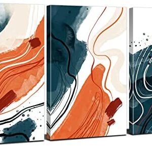 Abstract Wall Art for Living Room, Boho Minimalist Wall Decor Orange and Blue Canvas Pictures 3 Piece, Mid Century Color Block Line Print Paintings Artwork for Bedroom Office Home Decoration 30 x 40cm