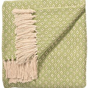 ETHNICITI Sage Green Diamond Recycled Cotton Woven Throw Sofa Bedspread for Settee Armchair Fringe Blanket Picnic Mat - 130x180cm