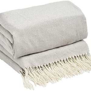 Highams Herringbone Chevron Soft Knit Tassel Fringe Fleece Throw Over for Chair Large Sofa Bed Blanket, Silver Cream - 150 x 200cm