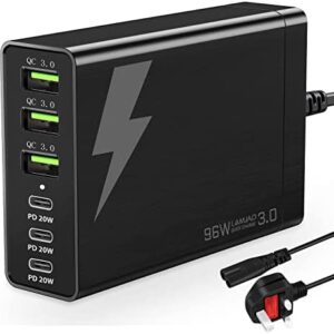 LAMJAD USB C Wall Charger Multiports,96W 6 Port USB C Charging Station,Portable Fast USB C Charging Hub PD Adapter 3 USB C and 3 QC USB A for All iPad, iPhone 13 /12/11 Max Mini, Pixel Samsung Galaxy