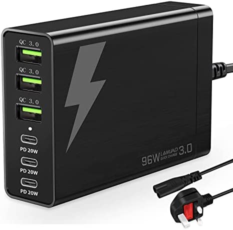 LAMJAD USB C Wall Charger Multiports,96W 6 Port USB C Charging Station,Portable Fast USB C Charging Hub PD Adapter 3 USB C and 3 QC USB A for All iPad, iPhone 13 /12/11 Max Mini, Pixel Samsung Galaxy