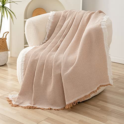 LHGOGO Waffle Sofa Throw Blanket Woven Throws for Sofas Large Throws for Settees with Tassels Reversible Versatile Blanket Throw for Sofa Single Bed and Armchair 130x180cm - Beige
