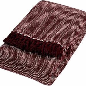 Luxury Pure 100% Cotton HERRINGBONE Super Soft Woven Sofa Bed Throw Blanket Bedspread Settee Cover With Tasselled Edging (Extra Large 90"x100", Burgundy)