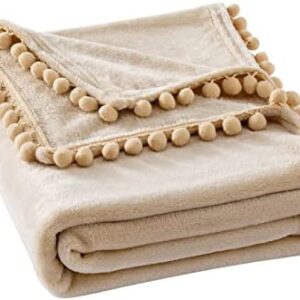 MIULEE Flannel Blanket Super Soft Cozy Warm Microfiber Luxury Fluffy Throw with Cute Pompoms Comfy Large Nursery Children Decorative Room for Sofa Bed Couch Travel/Single 125x150 cm Cream
