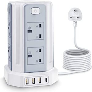 Tower Extension Lead with USB Solts,[13A 3250W] 8 Outlets and 4 USB Charging Ports Surge Protected Power Strip with 3M Long Extension Cord, Tower Charing Station for Home and Office