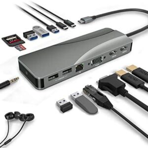 USB C Hub, USB C Docking Station, Rytaki Triple Display 14 in 1 Type C Adapter Docking Station with 2 HDMI, VGA, Power Delivery Type C Port,Gigabit Ethernet, SD TF Card Reader, 5 USB Ports USB-C Dock