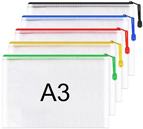 Umriox A3 Document Folder Extra Thick Zipper File Bags Mesh Zip Lock Document Wallets Folder Travel Storage Pouch for Office Supplies and Travel Accessories, Waterproof, 5PCS