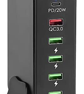 iLepo 65W Multi USB Charger Plug UK with 1X 20w usb-c Power Adapter +1X QC3.0 +4X 5V2A(max) USB Port Smart Power Station compatible with iPad,new iPhone,Galaxy,Huawei,Pixel and More (Black)