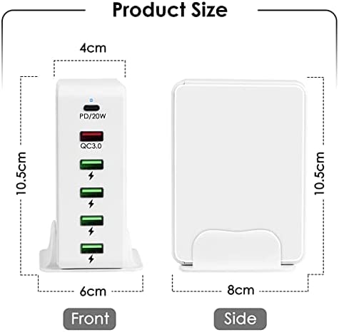 USB C Charger, Ennotek 65W 6-Port USB Charging Station Desktop Charger with a 20W Power Delivery, a QC3.0 and 4 USB Smart USB Charging Ports for Mobile Phones, Tablets and More - White - Image 3
