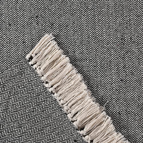 La Maison 100% Indian Cotton Herringbone Pattern Large Batten Throwover Sofa Throw Multicoloured Bed Throw Woven Handloom Tassel Armchair Decorative Blanket (Black, 127cm x 152cm / 50" x 60") - Image 3