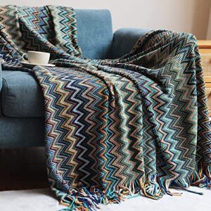 Jemsia Bohemian Throw Blanket Knitted Boho Patterned Sofa Blanket Camping Travelling Soft Cozy Woven Shawl Decor Throws with Tassels for Armchairs Couch Bed Throws, 127 x 152cm