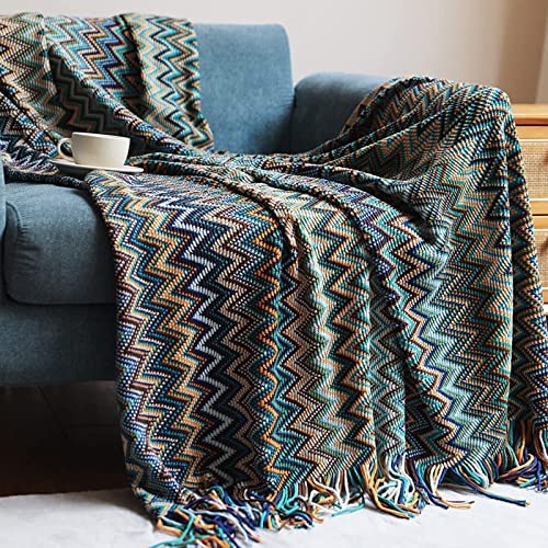 Jemsia Bohemian Throw Blanket Knitted Boho Patterned Sofa Blanket Camping Travelling Soft Cozy Woven Shawl Decor Throws with Tassels for Armchairs Couch Bed Throws, 127 x 152cm