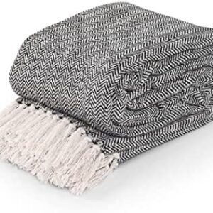 La Maison 100% Indian Cotton Herringbone Pattern Large Batten Throwover Sofa Throw Multicoloured Bed Throw Woven Handloom Tassel Armchair Decorative Blanket (Black, 127cm x 152cm / 50" x 60")