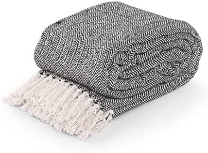 La Maison 100% Indian Cotton Herringbone Pattern Large Batten Throwover Sofa Throw Multicoloured Bed Throw Woven Handloom Tassel Armchair Decorative Blanket (Black, 127cm x 152cm / 50" x 60")