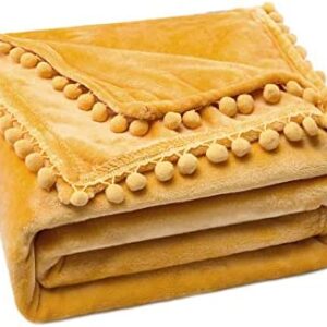 MIULEE Flannel Blanket Yellow Single Size Fluffy Throw with Cute Pompoms - Super Soft Large Cozy Warm Blanket for Sofa Bed Couch Travel Nursery Children Decorative 125x150cm (50"x60",Yellow)
