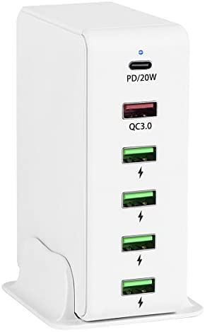 USB C Charger, Ennotek 65W 6-Port USB Charging Station Desktop Charger with a 20W Power Delivery, a QC3.0 and 4 USB Smart USB Charging Ports for Mobile Phones, Tablets and More - White