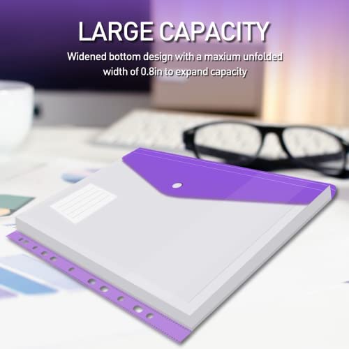 16 Pack Expandable Punched Pockets A4 Plastic Envelope Wallets Document Files Popper, A4 Binders Folders Transparent Label Pocket with Snap Fastener for Home, Office and School,11 Holes, 8 Colors - Image 2