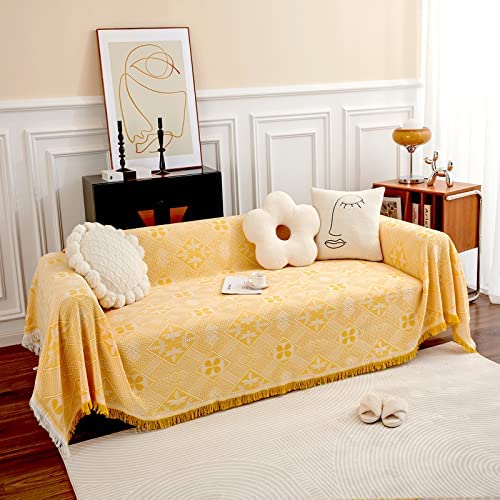 GAOWEI Throws for Sofas Large Sofa Throw 3 Seater with Decorative Tassels, Double-sided Throw Blanket for Sofas, Settees and Bed, Diamond Pattern with Leaves and Flowers 180x300cm - Yellow - Image 3