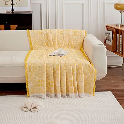 GAOWEI Throws for Sofas Large Sofa Throw 3 Seater with Decorative Tassels, Double-sided Throw Blanket for Sofas, Settees and Bed, Diamond Pattern with Leaves and Flowers 180x300cm - Yellow - Image 2
