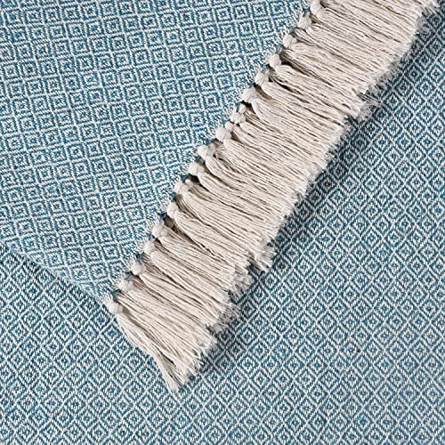 La Maison 100% Indian Cotton Diamond Pattern Check Large Batten Throwover Sofa Throw Multicoloured Bed Throw Woven Handloom Tassel Armchair Decorative Blanket (Teal, 228cm x 254cm / 90" x 100") - Image 3