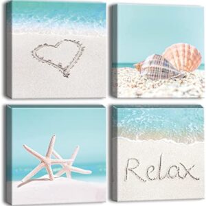 Artscope 4 Pieces Wall Art Canvas Prints - Seashell Starfish and Beach Picture Painting - Modern Wall Artwork Framed for Gifts Bathroom Home Kitchen Office Decor - 30 x 30 CM